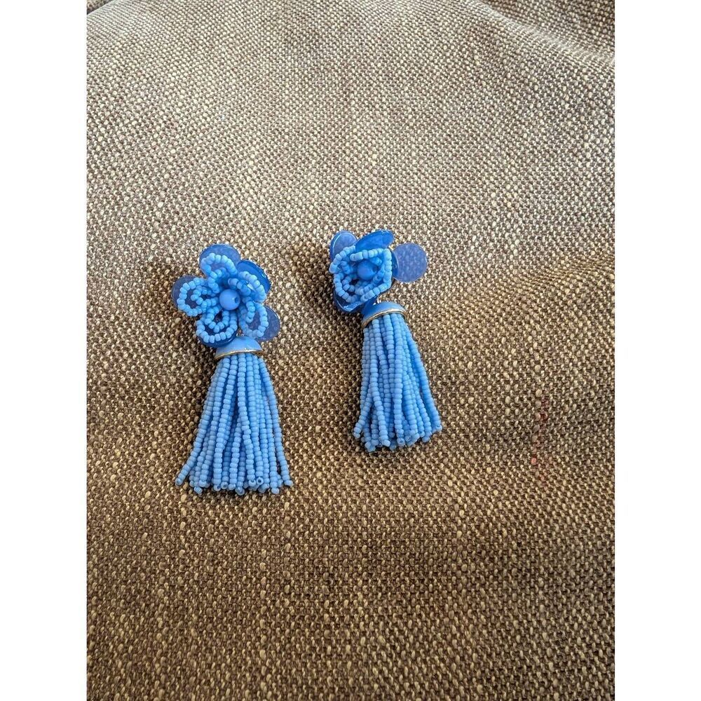 J. Crew Women's Floral Beaded Tassel Drop Dangle Earrings Blue